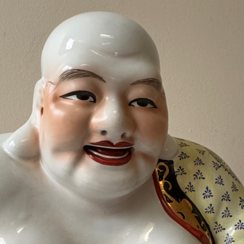 Vintage Hand-Painted Porcelain Laughing Buddha Statue in White and Multicolor - Picture 10 of 14
